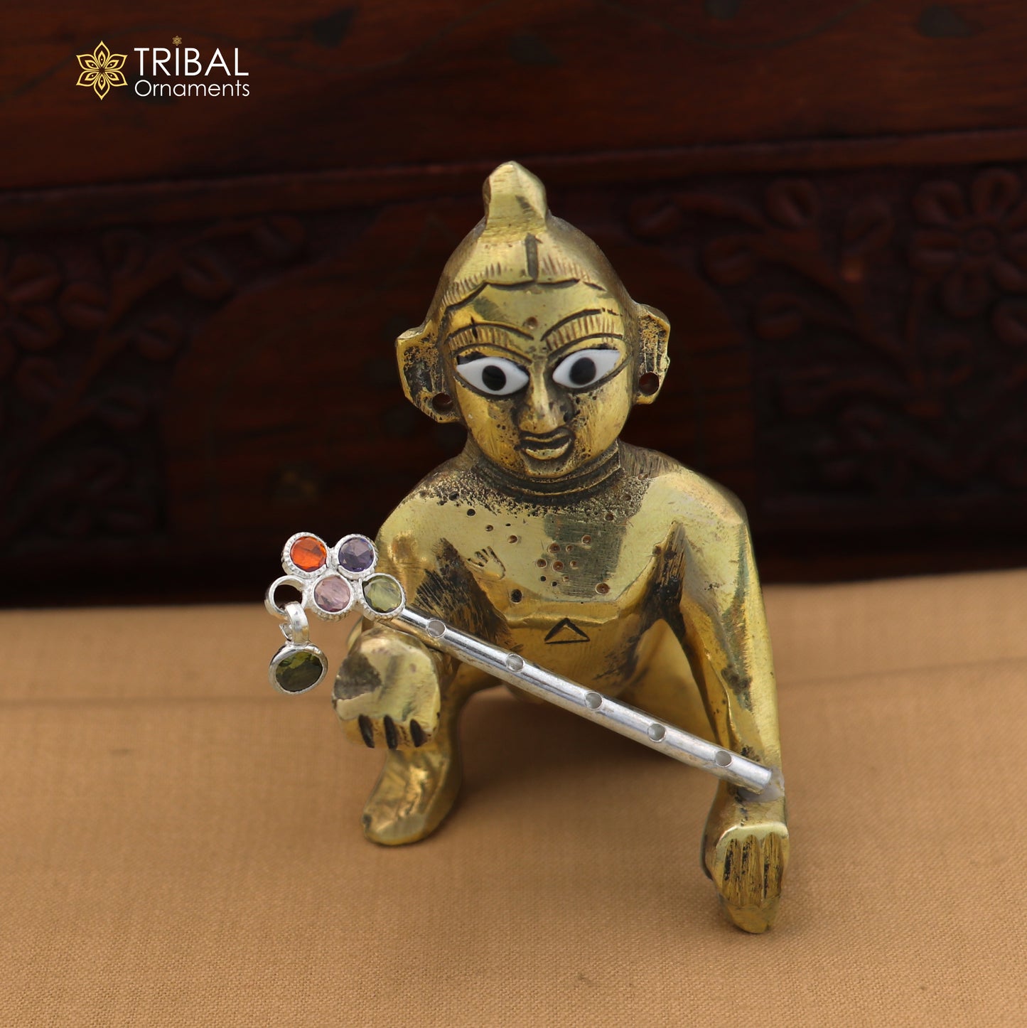 925 sterling silver stone design bansuri laddu Gopala flute, Krishna flute su1417