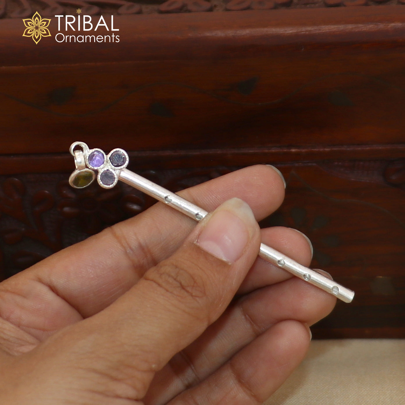 925 sterling silver stone design bansuri laddu Gopala flute, Krishna flute su1418