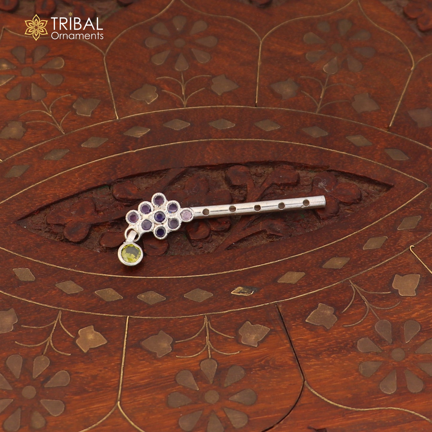 925 sterling silver stone design bansuri laddu Gopala flute, Krishna flute su1419