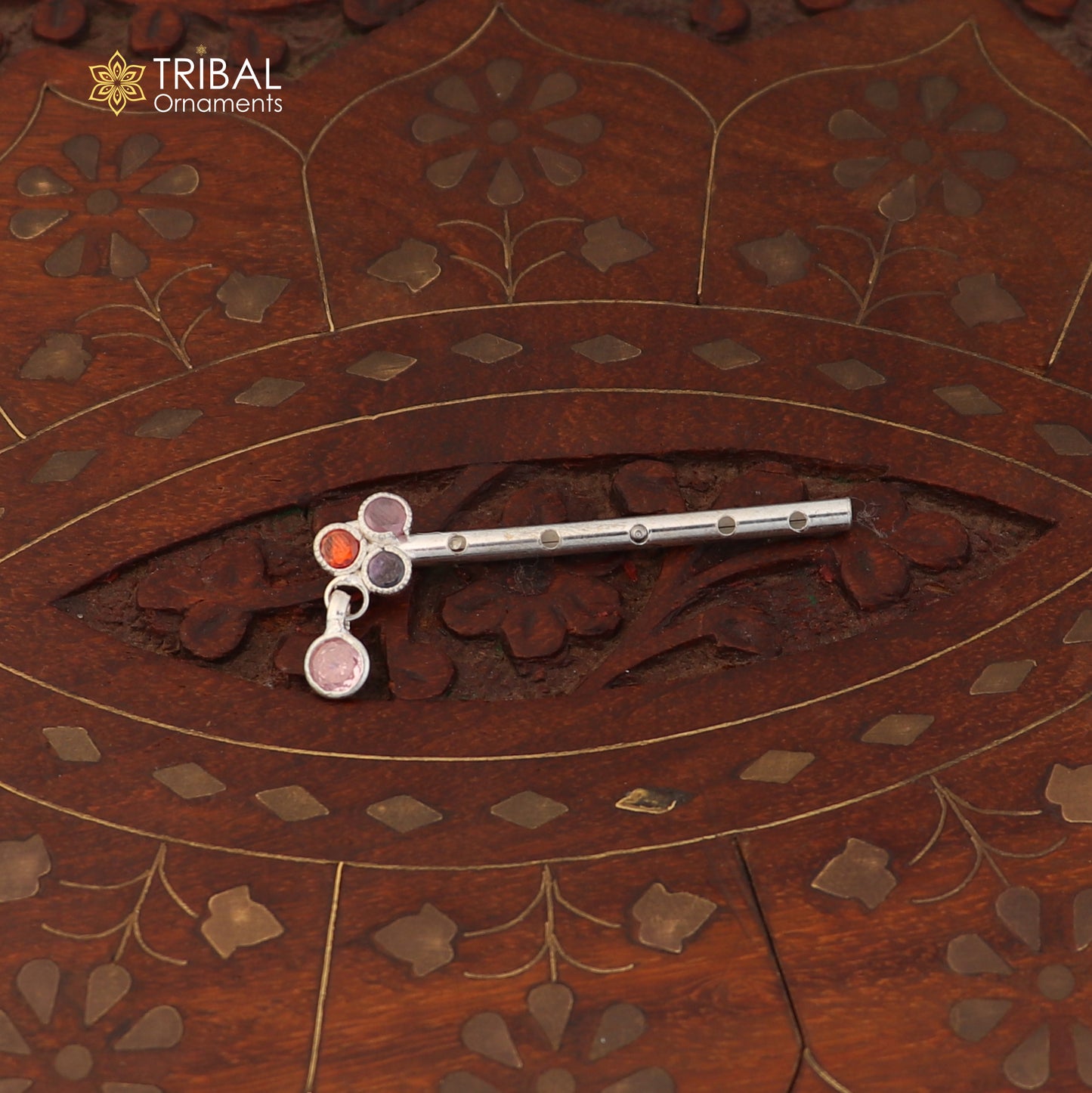 925 sterling silver stone design bansuri laddu Gopala flute, Krishna flute su1420