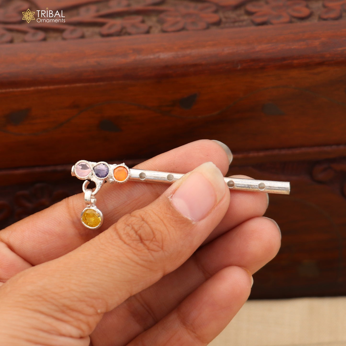 925 sterling silver stone design bansuri laddu Gopala flute, Krishna flute su1424