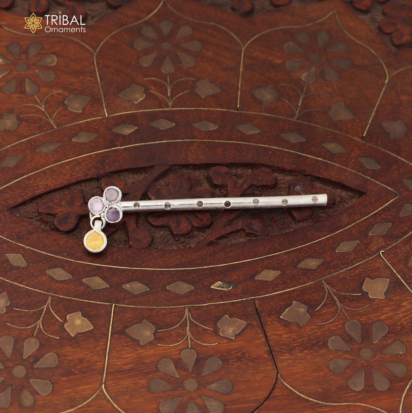 925 sterling silver stone design bansuri laddu Gopala flute, Krishna flute su1426