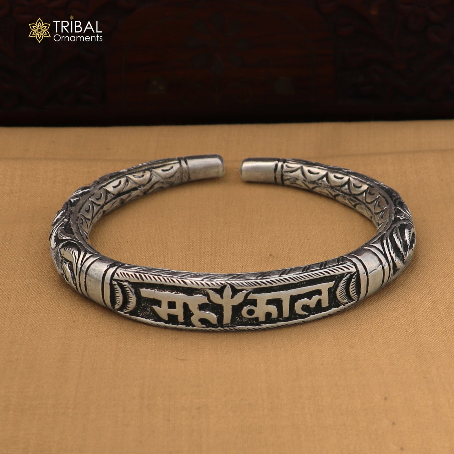 925 Sterling silver chitai work "MAHAKAL"shiva mantra bracelet kada unisex tribal ethnic jewelry nsk970