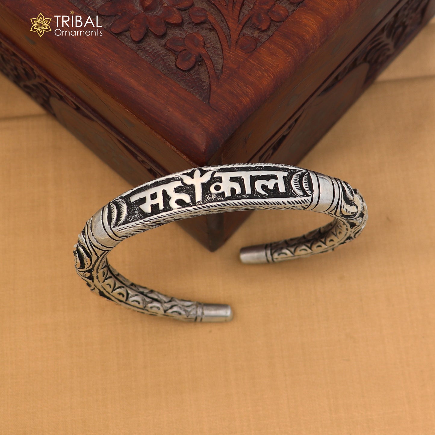 925 Sterling silver chitai work "MAHAKAL"shiva mantra bracelet kada unisex tribal ethnic jewelry nsk970