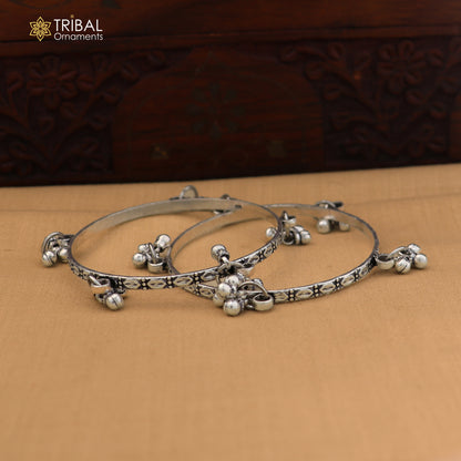925 Sterling silver vintage design hanging bells bangle kada tribal oxidized jewelry ba462