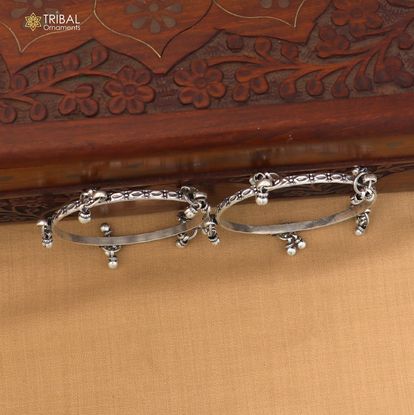 925 Sterling silver vintage design hanging bells bangle kada tribal oxidized jewelry ba462