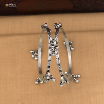 925 Sterling silver vintage design hanging bells bangle kada tribal oxidized jewelry ba462