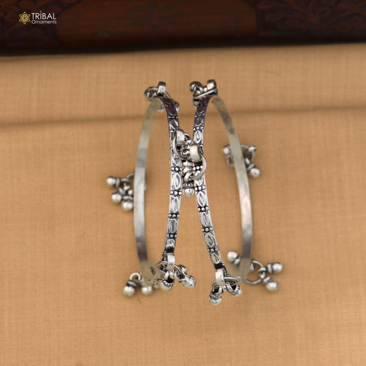 925 Sterling silver vintage design hanging bells bangle kada tribal oxidized jewelry ba462