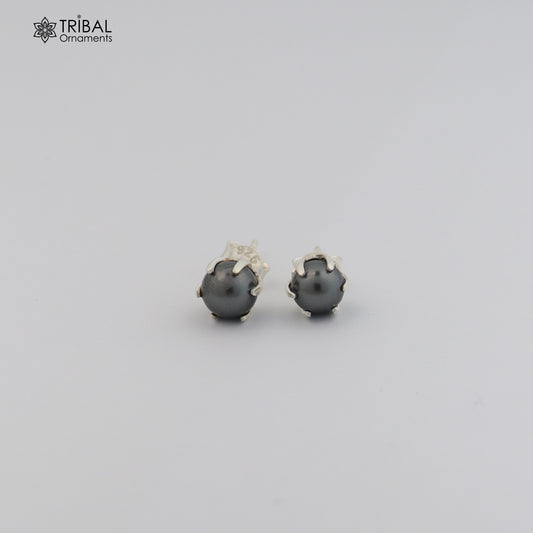 Round 925 sterling silver fabulous black pearl stone stud earrings best unisex daily use jewelry er304
