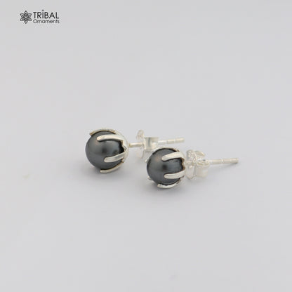 Round 925 sterling silver fabulous black pearl stone stud earrings best unisex daily use jewelry er304