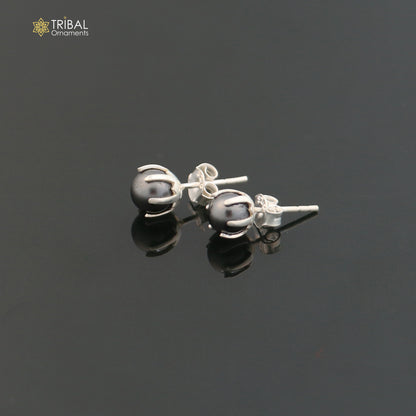 Round 925 sterling silver fabulous black pearl stone stud earrings best unisex daily use jewelry er304