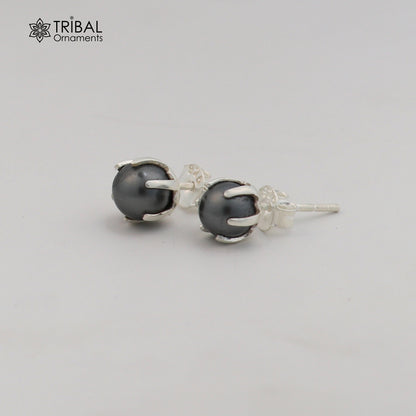 Round 925 sterling silver fabulous black pearl stone stud earrings best unisex daily use jewelry er304