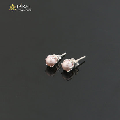 Round 925 sterling silver fabulous pink shade pearl stone stud earrings best unisex daily use jewelry er305