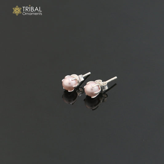 Round 925 sterling silver fabulous pink shade pearl stone stud earrings best unisex daily use jewelry er305