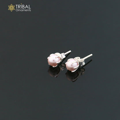 Round 925 sterling silver fabulous pink shade pearl stone stud earrings best unisex daily use jewelry er305