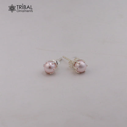 Round 925 sterling silver fabulous pink shade pearl stone stud earrings best unisex daily use jewelry er305