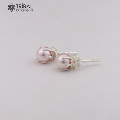 Round 925 sterling silver fabulous pink shade pearl stone stud earrings best unisex daily use jewelry er305