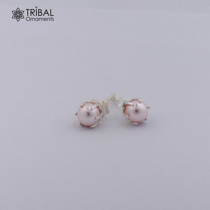 Round 925 sterling silver fabulous pink shade pearl stone stud earrings best unisex daily use jewelry er305