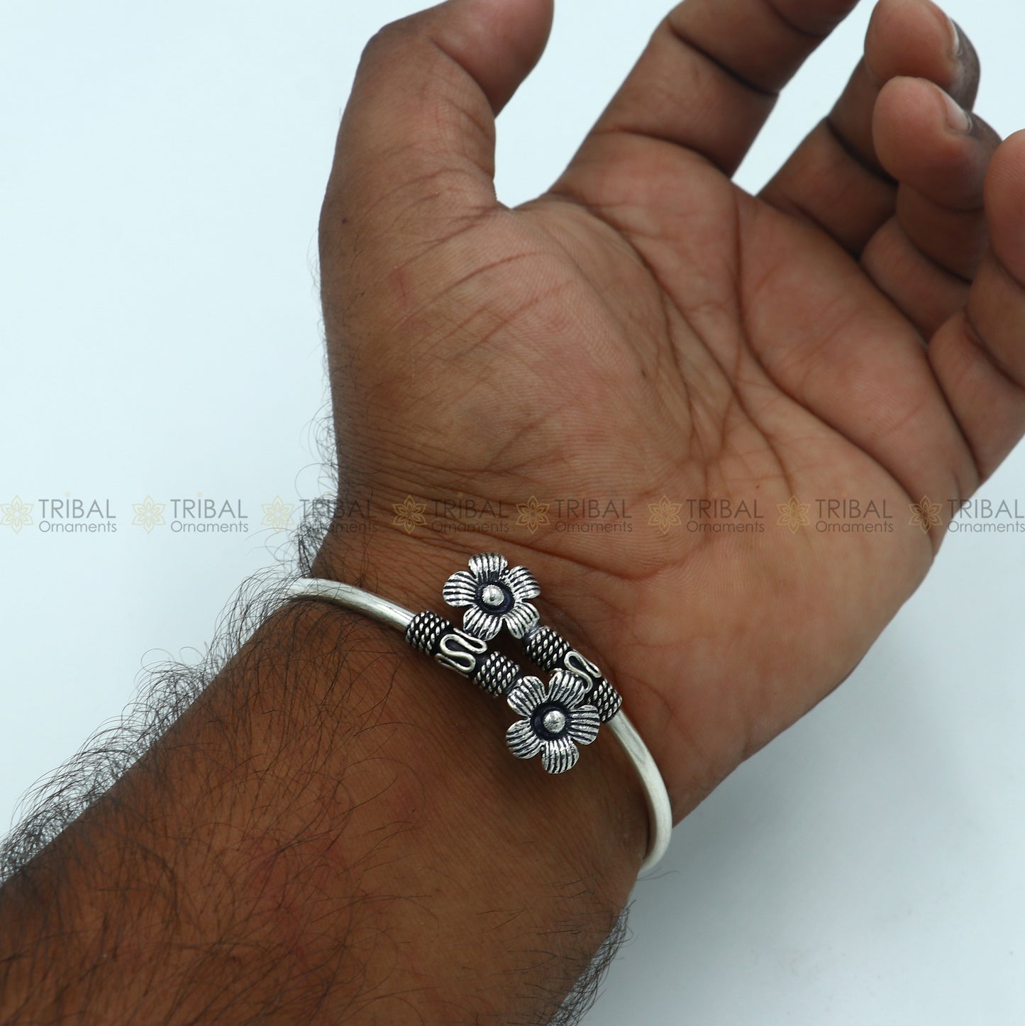 925 sterling silver handmade double flower design stylish kada bangle bracelet tribal jewelry nsk867