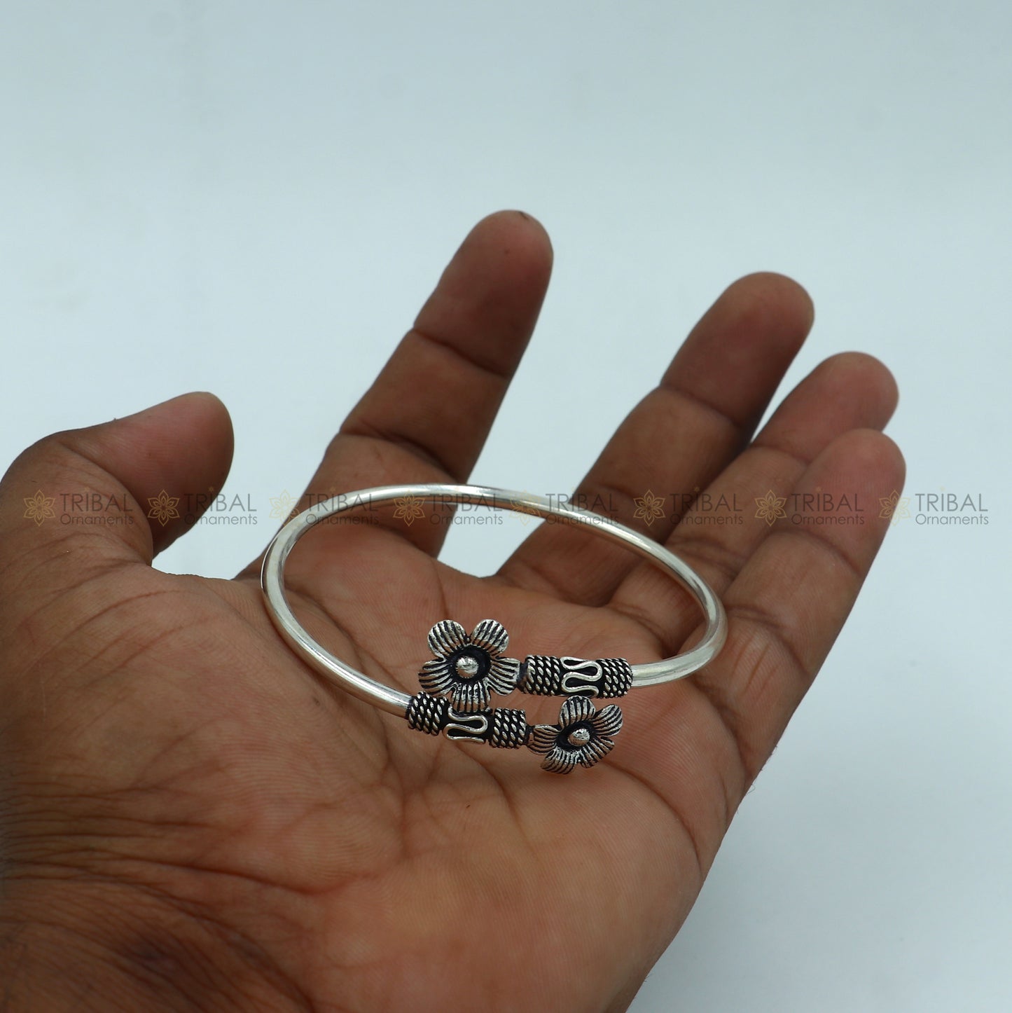 925 sterling silver handmade double flower design stylish kada bangle bracelet tribal jewelry nsk867