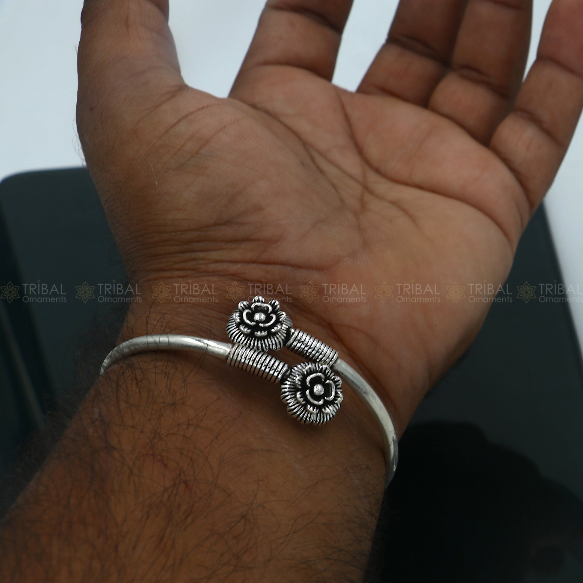 925 sterling silver handmade double flower design stylish kada bangle bracelet tribal jewelry nsk880 - TRIBAL ORNAMENTS
