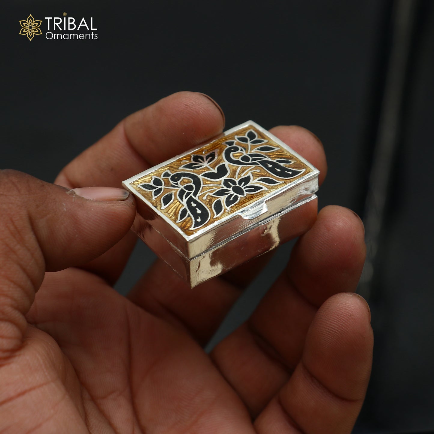 925 sterling silver Handmade meenakari work peacock design trinket box, casket box, container, Sindoor box vintage design enamel brides jewelry stb875