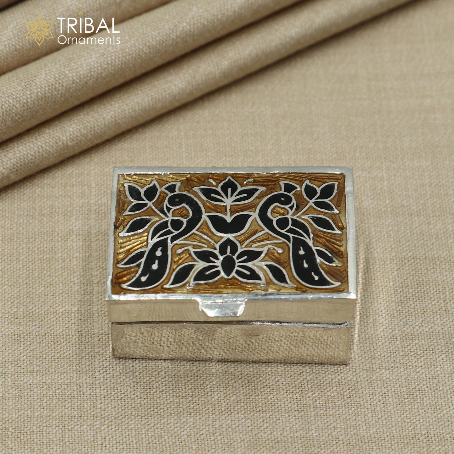 925 sterling silver Handmade meenakari work peacock design trinket box, casket box, container, Sindoor box vintage design enamel brides jewelry stb875