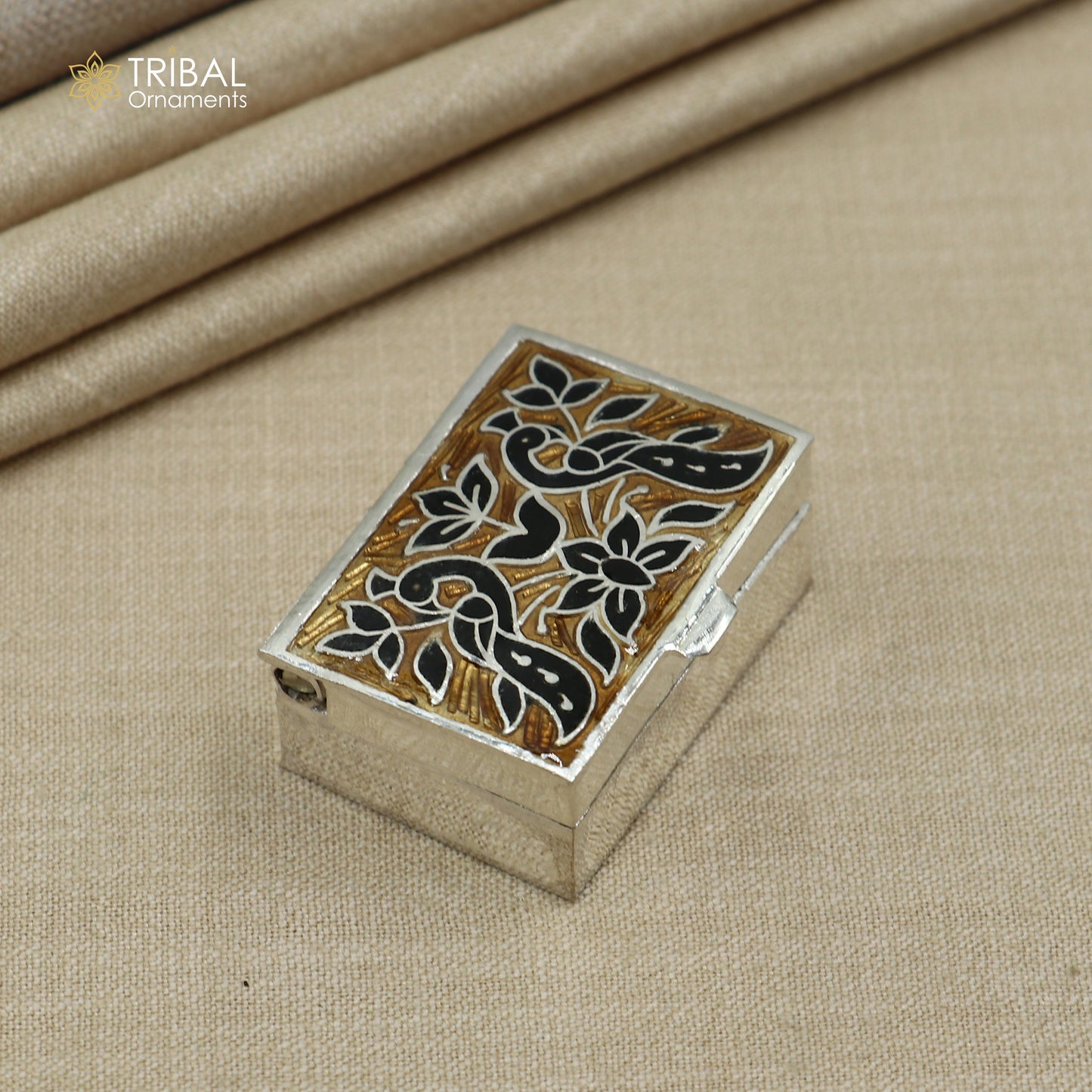 925 sterling silver Handmade meenakari work peacock design trinket box, casket box, container, Sindoor box vintage design enamel brides jewelry stb875