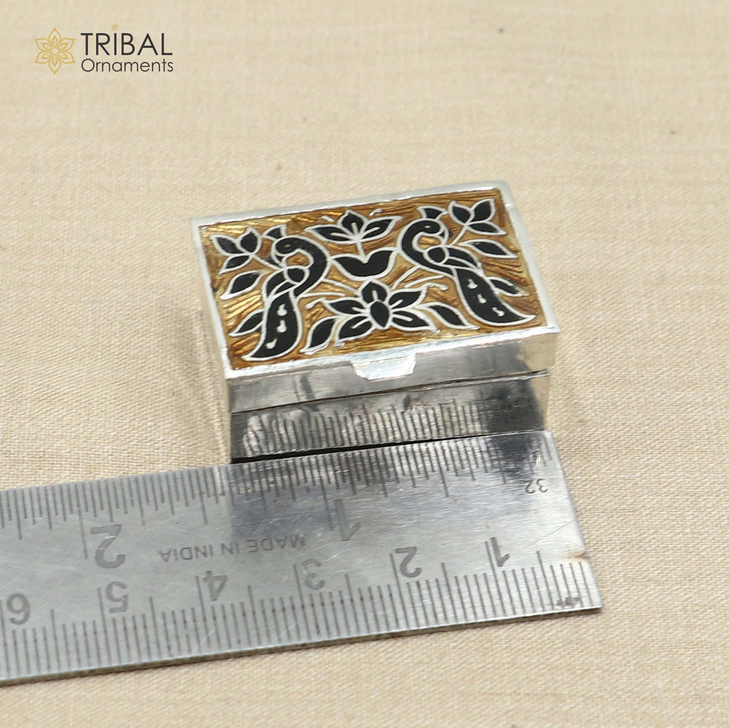 925 sterling silver Handmade meenakari work peacock design trinket box, casket box, container, Sindoor box vintage design enamel brides jewelry stb875