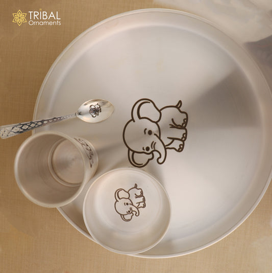 999 silver combo bowl, spoon ,Water/milk tumbler and plate/tray, silver baby dinner set utensils sv324