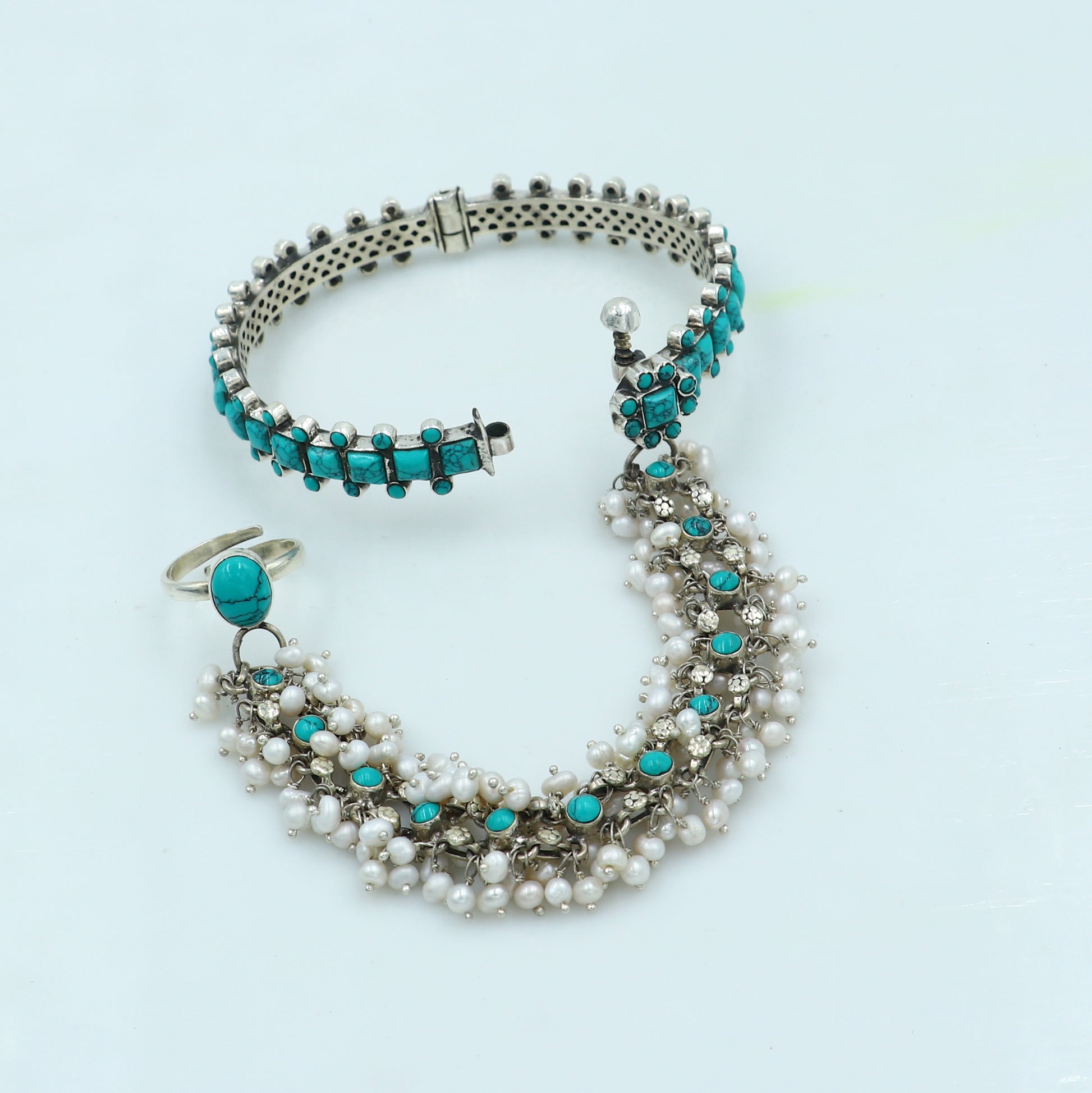 925 sterling turquoise stone hathpan set (bangle chain with ring set) bracelet pure silver gifting jewelry ba439 - TRIBAL ORNAMENTS