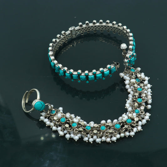 925 sterling turquoise stone hathpan set (bangle chain with ring set) bracelet pure silver gifting jewelry ba439