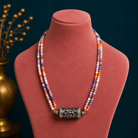 Indian traditional silver beaded necklace with natural stones, Chitai Nakshi work, Tribal jewelry choker set by TRIBAL ORNAMENTS