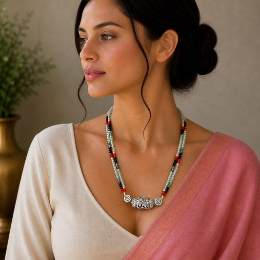 Indian traditional tribal choker necklace with natural stone beads and sterling silver chitai Nakshi work, paired with matching jewelry set.