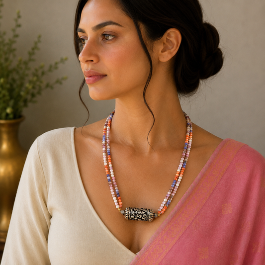 Indian traditional tribal necklace set with natural stone beads, 925 sterling silver chitai nakshi work choker jewelry by TRIBAL ORNAMENTS
