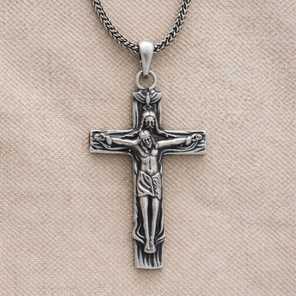 Sterling silver Jesus crucifix pendant necklace with oxidized vintage finish, Christian jewelry for men featuring a detailed cross and figure.