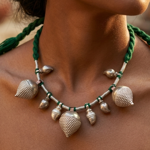 Silver tribal belly dance necklace with vintage design and mango bead accents, traditional women's jewelry by TRIBAL ORNAMENTS.