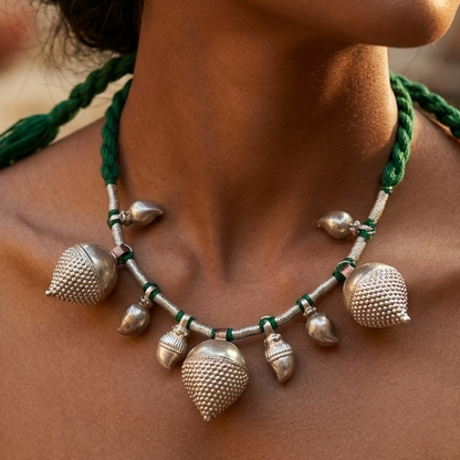 Silver tribal belly dance necklace with vintage design and mango bead accents, traditional women's jewelry by TRIBAL ORNAMENTS.
