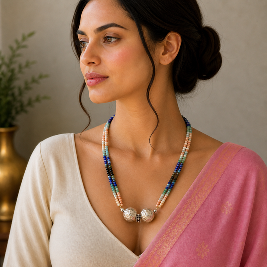 Multicolor stone beaded sterling silver ball pendant necklace from TRIBAL ORNAMENTS, featuring tribal ethnic jewelry design.
