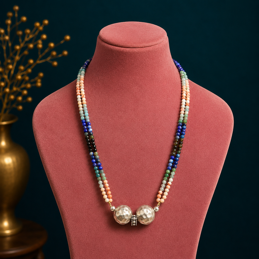 Multicolor stone beaded sterling silver ball pendant necklace with tribal ethnic design, part of a traditional Indian jewelry set.