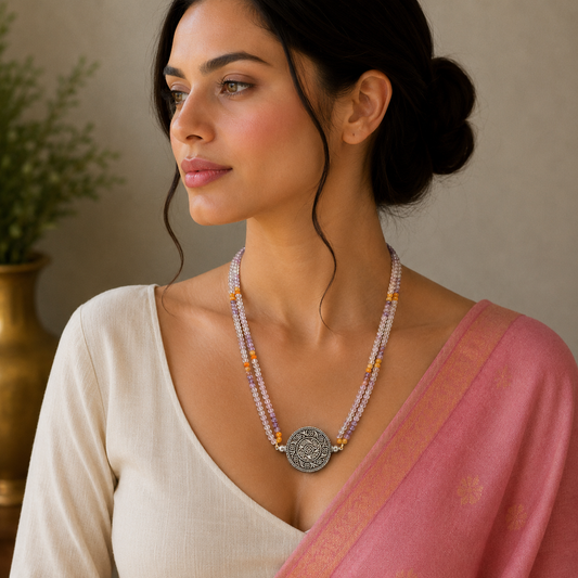 Multicolor stone beaded sterling silver necklace and tribal ethnic jewelry set by TRIBAL ORNAMENTS showing intricate beaded choker design