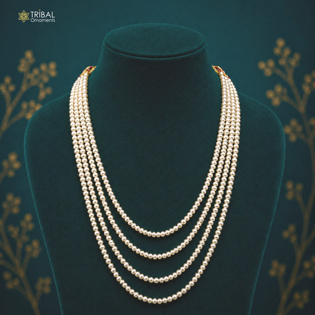 Natural 4mm pearl layered necklace set by TRIBAL ORNAMENTS with four strands, perfect for wedding or daily Indian jewelry.