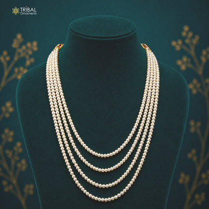 Natural 4mm pearl layered necklace set by TRIBAL ORNAMENTS with four strands, perfect for wedding or daily Indian jewelry.