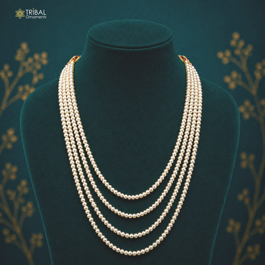Natural 4mm pearl layered necklace set by TRIBAL ORNAMENTS with four strands, perfect for wedding or daily Indian jewelry.