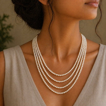 Natural 4mm pearl layered necklace set by TRIBAL ORNAMENTS featuring four-line string design, ideal for wedding or daily wear.