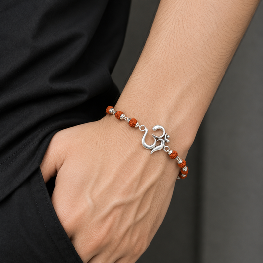 925 sterling silver OM design Rudraksha or Tulsi beaded bracelet rakhi rk189