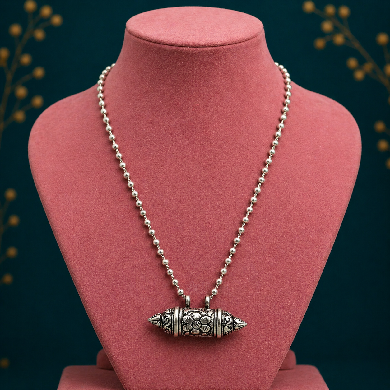 Sterling silver vintage amulet box pendant on a beaded tribal ethnic necklace, handmade tribal jewelry set.