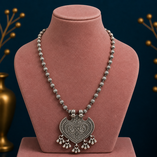 Sterling silver vintage pendant with beaded necklace and hanging bells, tribal ethnic jewelry set by TRIBAL ORNAMENTS, Rajasthan style