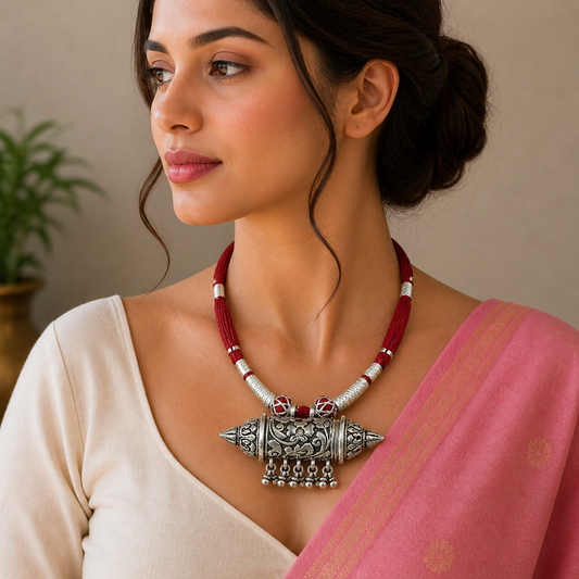 Sterling silver tribal amulet Taviz pendant on ethnic necklace with adjustable thread knot and cultural mantra box jewelry set.