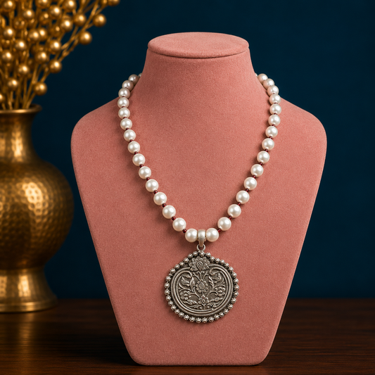 Sterling silver floral pendant with 8mm pearl on tribal necklace, ideal wedding or brides gift set by TRIBAL ORNAMENTS.